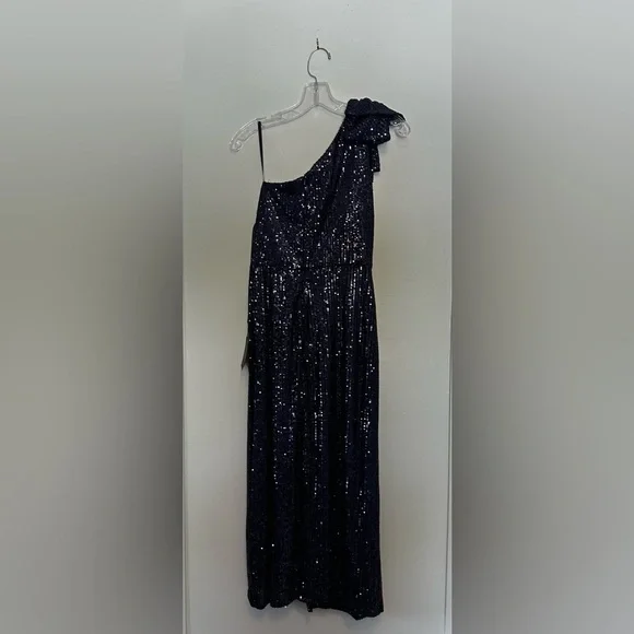 Ieena for Mac Duggal Bow One Shoulder Midnight Sequin Midi Dress Size 8 - Picture 6 of 7